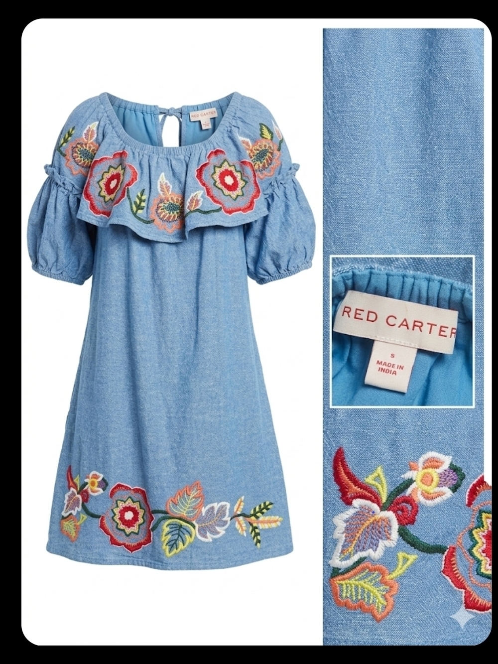Red Carter Blue Chambray Dress with Multicolor Floral Embroidery
